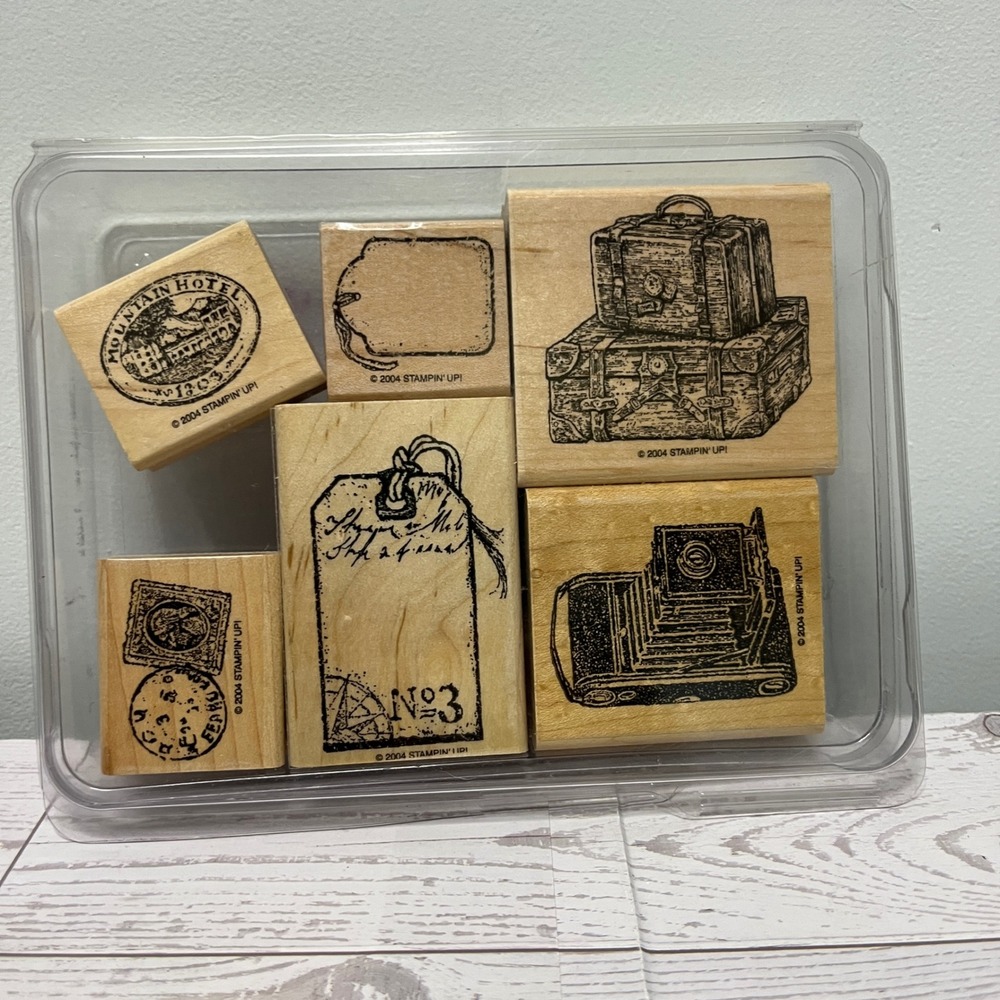 Stampin Up Journey 2004 Wood Mount Rubber Stamp Set VTG Travel Camera Luggage